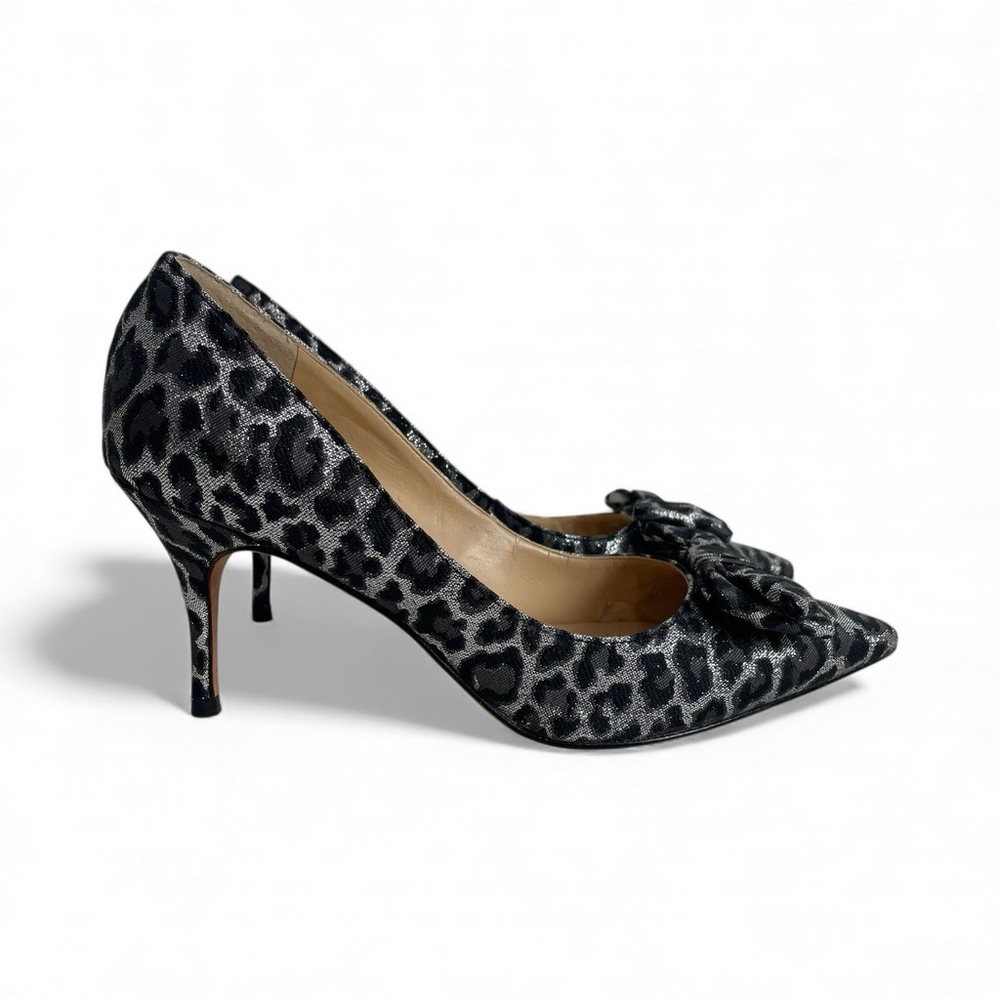 Ivanka Trump Heels Size 7.5 Silver Metallic Animal Print Bows